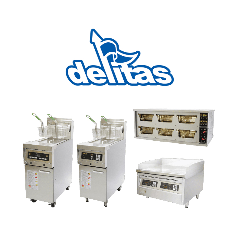 two industrial frying machine and Delitas logo at the top