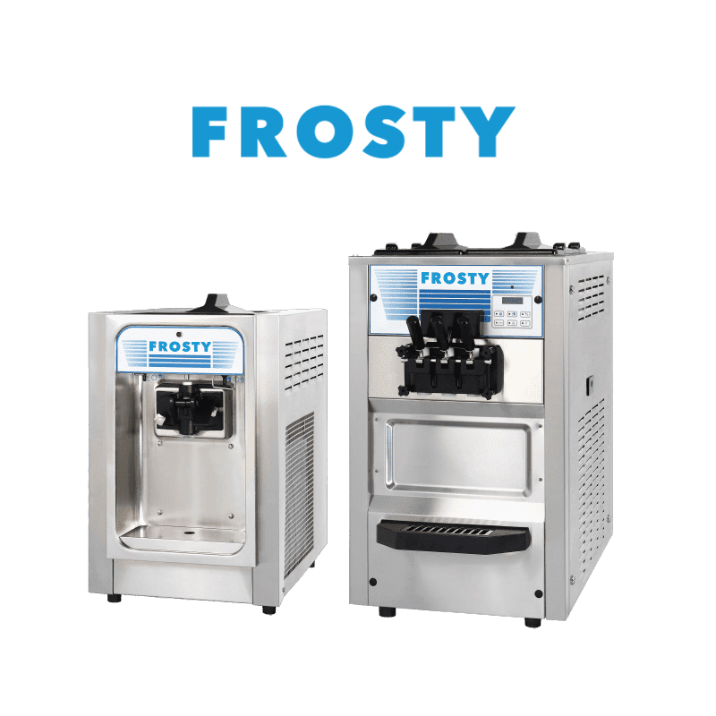 two soft serve ice cream machines with Frosty logo at the top