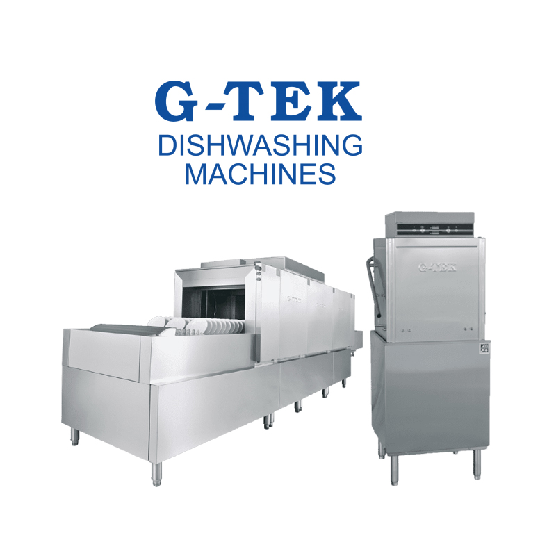 two industrial dishwashing machines with G-Tek brand logo