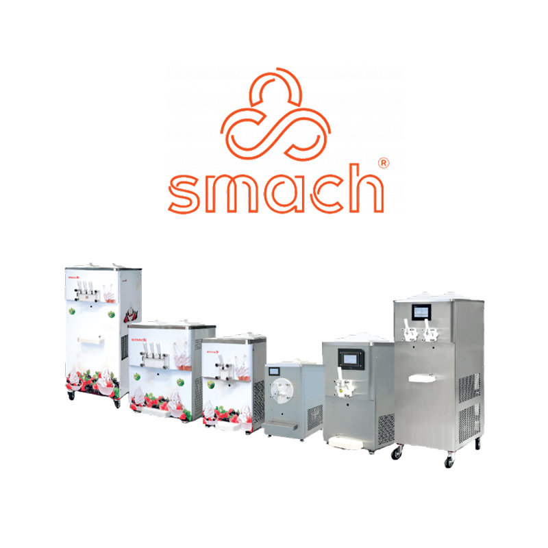 six soft serve ice cream machines with Smach logo at the top