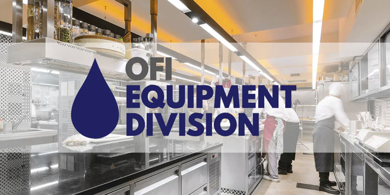 OFI Equipment Division logo overlaid on picture inside a kitchen
