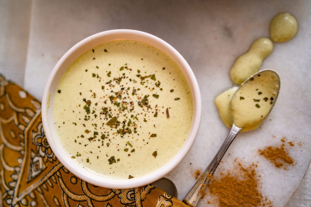 top view of homemade tahini salad dressing sauce