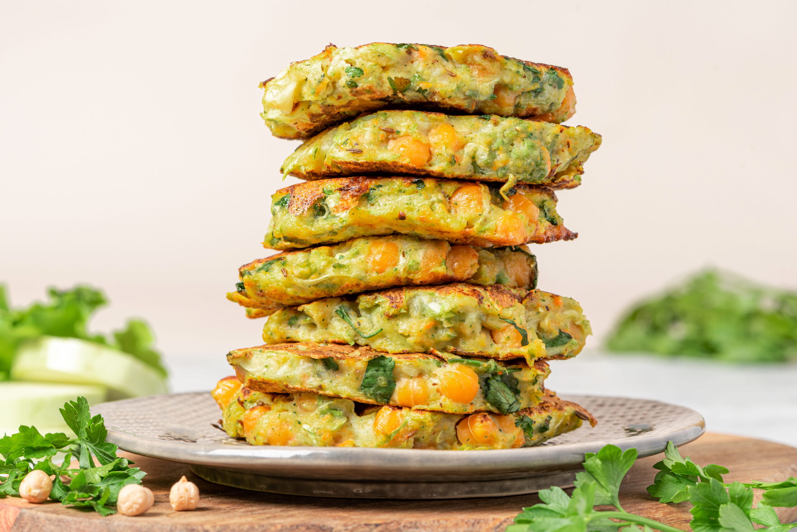 pancakes made of chickpeas, broccoli, carrots, cauliflower and herbs